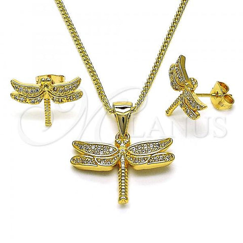 Oro Laminado Earring and Pendant Adult Set, Gold Filled Style Dragon-Fly Design, with White Micro Pave, Polished, Golden Finish, 10.342.0119