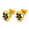 Oro Laminado Stud Earring, Gold Filled Style Flower Design, with Black Cubic Zirconia, Polished, Golden Finish, 02.349.0001.1