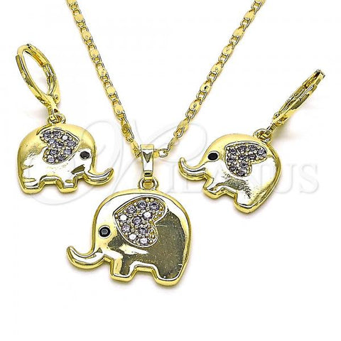 Oro Laminado Earring and Pendant Adult Set, Gold Filled Style Elephant and Heart Design, with Amethyst and Black Micro Pave, Polished, Golden Finish, 10.196.0064
