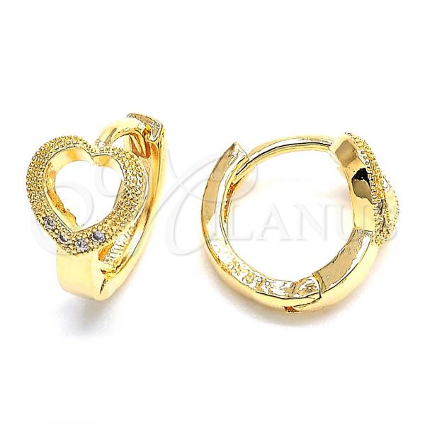 Oro Laminado Huggie Hoop, Gold Filled Style Heart Design, with White Micro Pave, Polished, Golden Finish, 02.168.0010