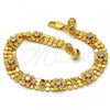 Gold Tone Fancy Bracelet, Flower and Rattle Charm Design, with White Crystal, Polished, Golden Finish, 03.270.0005.07.GT