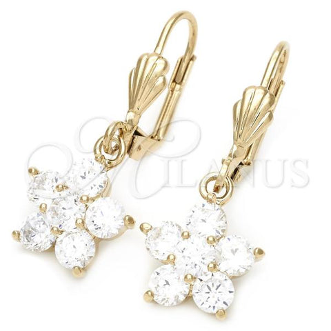 Oro Laminado Dangle Earring, Gold Filled Style Flower Design, with White Cubic Zirconia, Polished, Golden Finish, 5.028.018