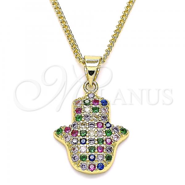 Oro Laminado Pendant Necklace, Gold Filled Style Hand of God Design, with Multicolor Micro Pave, Polished, Golden Finish, 04.156.0395.1.20