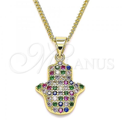 Oro Laminado Pendant Necklace, Gold Filled Style Hand of God Design, with Multicolor Micro Pave, Polished, Golden Finish, 04.156.0395.1.20