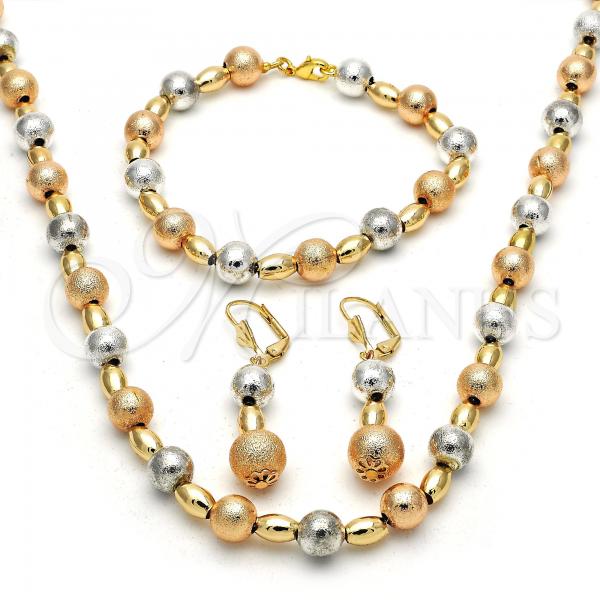 Oro Laminado Necklace, Bracelet and Earring, Gold Filled Style Ball Design, Matte Finish, Tricolor, 06.170.0004