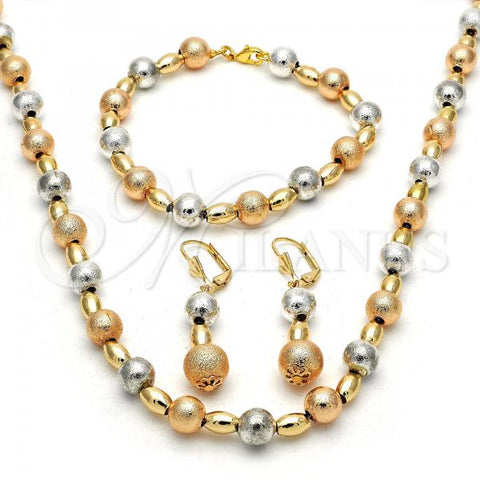 Oro Laminado Necklace, Bracelet and Earring, Gold Filled Style Ball Design, Matte Finish, Tricolor, 06.170.0004