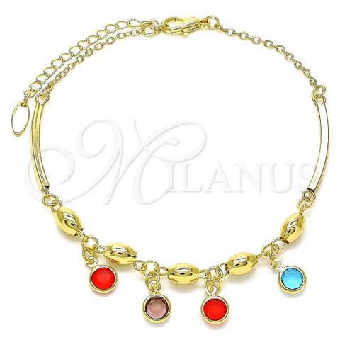 Oro Laminado Charm Anklet , Gold Filled Style with Multicolor Crystal, Polished, Golden Finish, 03.383.0019.10