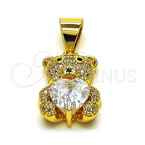 Oro Laminado Fancy Pendant, Gold Filled Style Teddy Bear Design, with White Cubic Zirconia and White Micro Pave, Polished, Golden Finish, 05.342.0165
