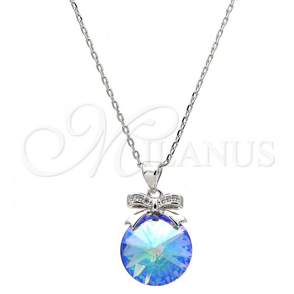 Rhodium Plated Pendant Necklace, Bow Design, with Chrysolite Opal Swarovski Crystals and White Micro Pave, Polished, Rhodium Finish, 04.239.0016.1.16
