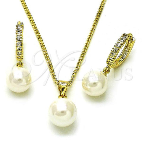 Oro Laminado Earring and Pendant Adult Set, Gold Filled Style Ball Design, with Ivory Mother of Pearl and White Cubic Zirconia, Polished, Golden Finish, 10.213.0020