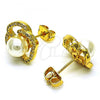 Oro Laminado Stud Earring, Gold Filled Style Flower Design, with Ivory Pearl and White Micro Pave, Polished, Golden Finish, 02.156.0656