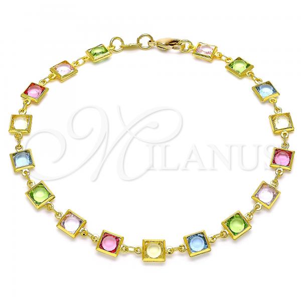 Oro Laminado Fancy Anklet, Gold Filled Style with Multicolor Cubic Zirconia, Polished, Golden Finish, 03.386.0005.10