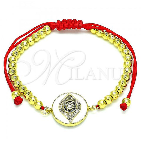 Oro Laminado Adjustable Bolo Bracelet, Gold Filled Style Evil Eye and Ball Design, with Sapphire Blue and White Micro Pave, White Enamel Finish, Golden Finish, 03.368.0047.10