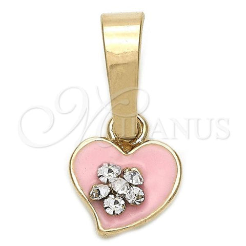 Oro Laminado Fancy Pendant, Gold Filled Style Heart and Flower Design, with White Crystal, Pink Enamel Finish, Golden Finish, 05.163.0081.3
