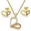 Oro Laminado Earring and Pendant Adult Set, Gold Filled Style Heart Design, with Garnet Micro Pave, Polished, Golden Finish, 10.156.0262.2