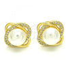 Oro Laminado Stud Earring, Gold Filled Style Ball Design, with White Cubic Zirconia and Ivory Pearl, Polished, Golden Finish, 02.156.0351