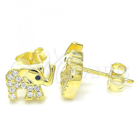 Sterling Silver Stud Earring, Elephant Design, with White Cubic Zirconia and Black Crystal, Polished, Golden Finish, 02.336.0138.2