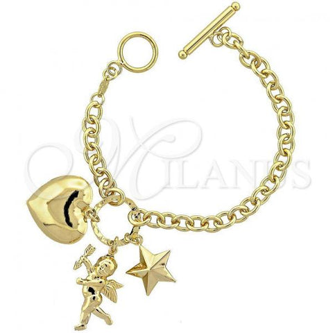 Oro Laminado Charm Bracelet, Gold Filled Style Angel and Heart Design, Diamond Cutting Finish, Golden Finish, 5.020.004