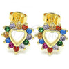 Oro Laminado Stud Earring, Gold Filled Style Heart Design, with Multicolor Cubic Zirconia, Polished, Golden Finish, 02.233.0024