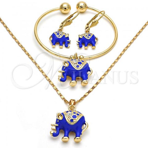 Oro Laminado Necklace, Bracelet and Earring, Gold Filled Style Elephant Design, with White Crystal, Blue Enamel Finish, Golden Finish, 06.63.0182.5.GT