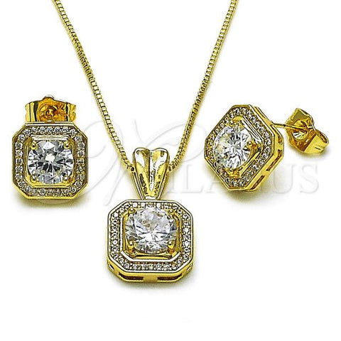 Oro Laminado Earring and Pendant Adult Set, Gold Filled Style Cluster and Heart Design, with White Cubic Zirconia, Polished, Golden Finish, 10.283.0022