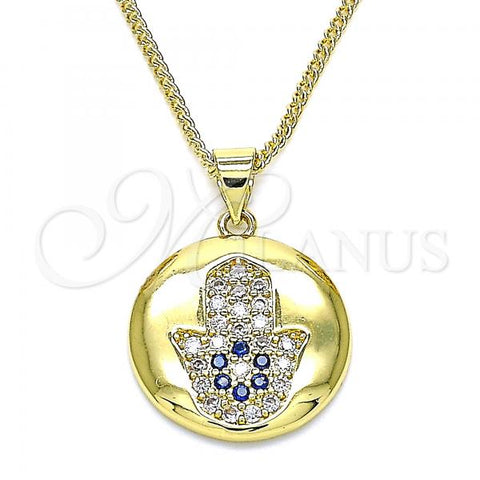 Oro Laminado Pendant Necklace, Gold Filled Style Hand of God Design, with Sapphire Blue and White Micro Pave, Polished, Golden Finish, 04.156.0398.20