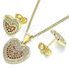 Oro Laminado Earring and Pendant Adult Set, Gold Filled Style Heart Design, with Garnet and White Micro Pave, Polished, Golden Finish, 10.156.0312.1