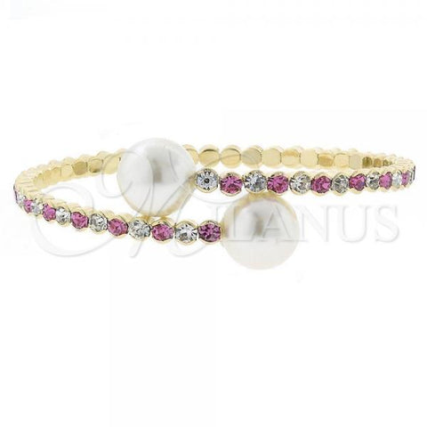 Oro Laminado Individual Bangle, Gold Filled Style Ball Design, with Rhodolite Crystal and White Pearl, Polished, Golden Finish, 07.63.0145 (03 MM Thickness, One size fits all)