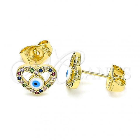 Oro Laminado Stud Earring, Gold Filled Style Evil Eye and Heart Design, with Multicolor Micro Pave, White Enamel Finish, Golden Finish, 02.156.0591.1