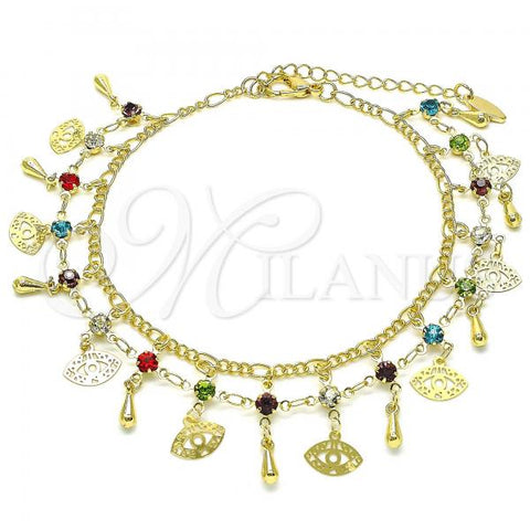Oro Laminado Charm Anklet , Gold Filled Style Evil Eye and Teardrop Design, with Multicolor Crystal, Polished, Golden Finish, 03.383.0018.10