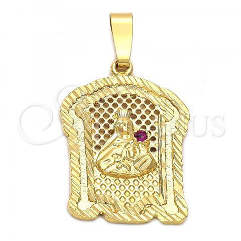 Oro Laminado Religious Pendant, Gold Filled Style Santa Barbara Design, with Ruby Cubic Zirconia, Diamond Cutting Finish, Golden Finish, 5.187.010