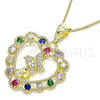 Oro Laminado Pendant Necklace, Gold Filled Style Heart and Butterfly Design, with Multicolor Cubic Zirconia and White Micro Pave, Polished, Golden Finish, 04.253.0019.20