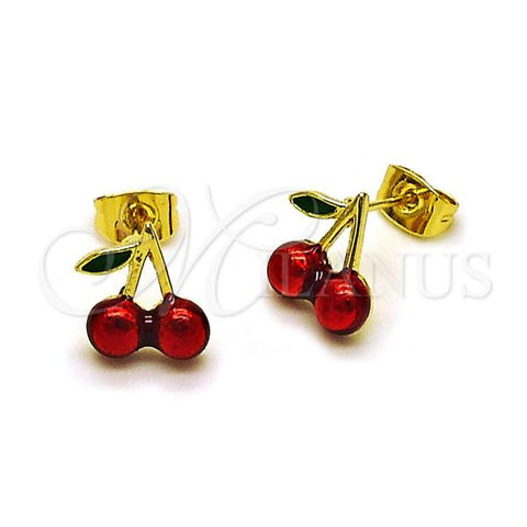 Oro Laminado Stud Earring, Gold Filled Style Cherry Design, Red Enamel Finish, Golden Finish, 02.417.0011