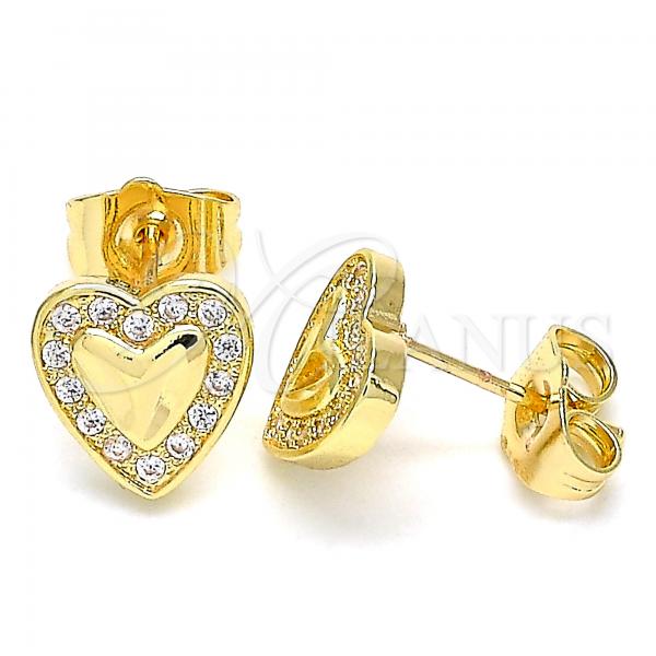 Oro Laminado Stud Earring, Gold Filled Style Heart Design, with White Micro Pave, Polished, Golden Finish, 02.233.0048