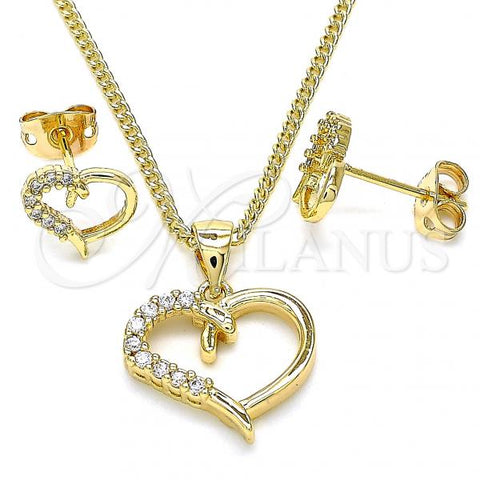 Oro Laminado Earring and Pendant Adult Set, Gold Filled Style Heart Design, with White Micro Pave, Polished, Golden Finish, 10.342.0035