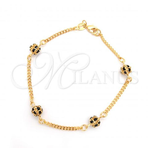 Oro Laminado Fancy Bracelet, Gold Filled Style Ball and Miami Cuban Design, with Black Cubic Zirconia, Polished, Golden Finish, 03.32.0170.07.2