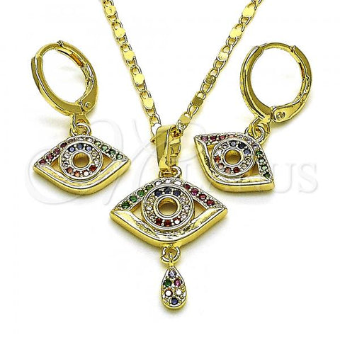 Oro Laminado Earring and Pendant Adult Set, Gold Filled Style Evil Eye and Teardrop Design, with Multicolor Micro Pave, Polished, Golden Finish, 10.196.0013