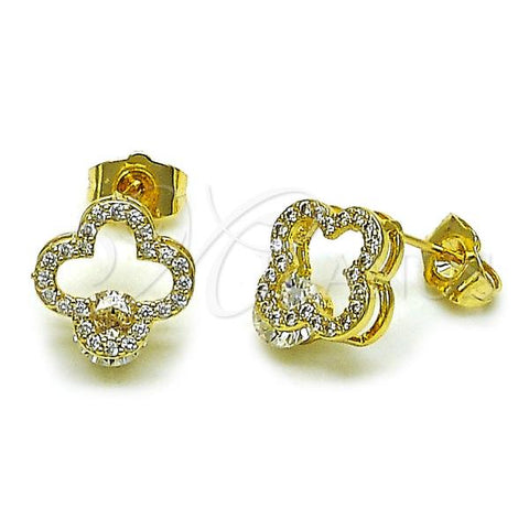 Oro Laminado Stud Earring, Gold Filled Style Four-leaf Clover Design, with White Cubic Zirconia and White Micro Pave, Polished, Golden Finish, 02.283.0146