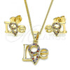 Oro Laminado Earring and Pendant Adult Set, Gold Filled Style Love Design, with Multicolor Micro Pave, Polished, Golden Finish, 10.316.0035