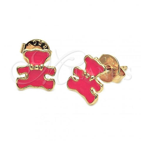 Oro Laminado Stud Earring, Gold Filled Style Teddy Bear Design, Pink Enamel Finish, Golden Finish, 02.64.0216