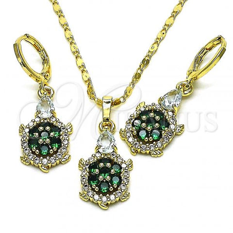 Oro Laminado Earring and Pendant Adult Set, Gold Filled Style Turtle Design, with Green and White Cubic Zirconia, Polished, Golden Finish, 10.196.0081