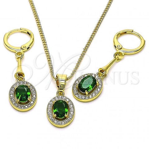 Oro Laminado Earring and Pendant Adult Set, Gold Filled Style with Green Cubic Zirconia and White Micro Pave, Polished, Golden Finish, 10.387.0007.2