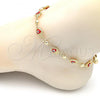 Oro Laminado Fancy Anklet, Gold Filled Style Hand of God and Heart Design, Red Enamel Finish, Golden Finish, 03.213.0146.1.10
