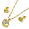 Oro Laminado Earring and Pendant Adult Set, Gold Filled Style Heart Design, with White Micro Pave, Polished, Golden Finish, 10.199.0019