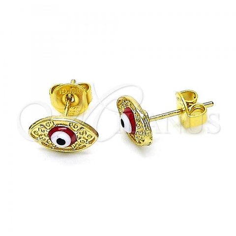 Oro Laminado Stud Earring, Gold Filled Style Evil Eye Design, Red Enamel Finish, Golden Finish, 02.213.0398