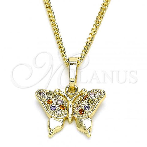 Oro Laminado Pendant Necklace, Gold Filled Style Butterfly Design, with Multicolor Micro Pave, Polished, Golden Finish, 04.316.0003.1.20