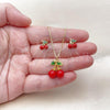Oro Laminado Earring and Pendant Adult Set, Gold Filled Style Cherry and Box Design, Red Enamel Finish, Golden Finish, 10.417.0022