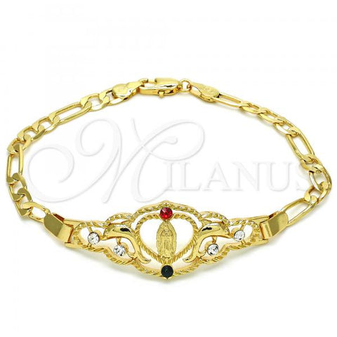 Oro Laminado Fancy Bracelet, Gold Filled Style Heart and Guadalupe Design, with Multicolor Crystal, Polished, Golden Finish, 03.253.0034.1.08