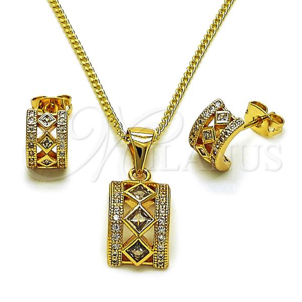 Oro Laminado Earring and Pendant Adult Set, Gold Filled Style Cluster Design, with White Cubic Zirconia and White Micro Pave, Polished, Golden Finish, 10.342.0236