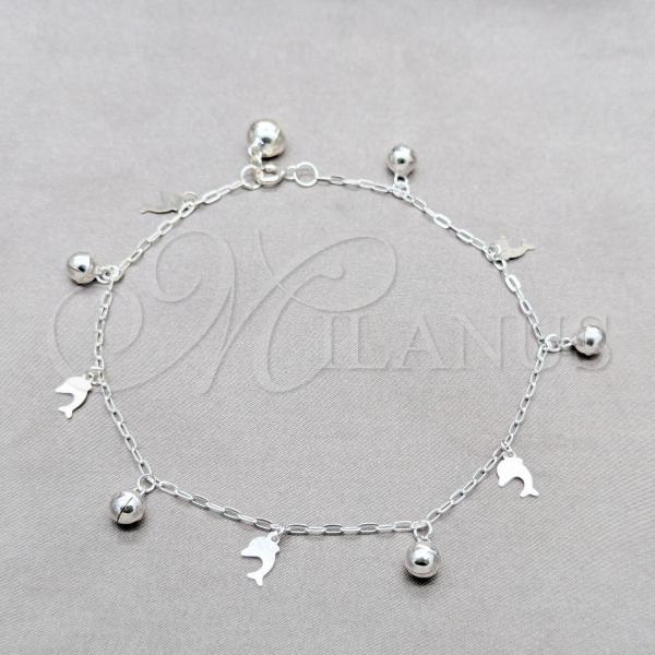 Sterling Silver Fancy Anklet, Dolphin and Ball Design, Polished, Silver Finish, 03.409.0089.10